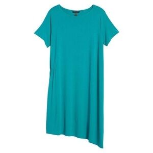 Eileen Fisher Ballet Neck Asymmetrical Stretch Jersey Shift Dress Gathered Side